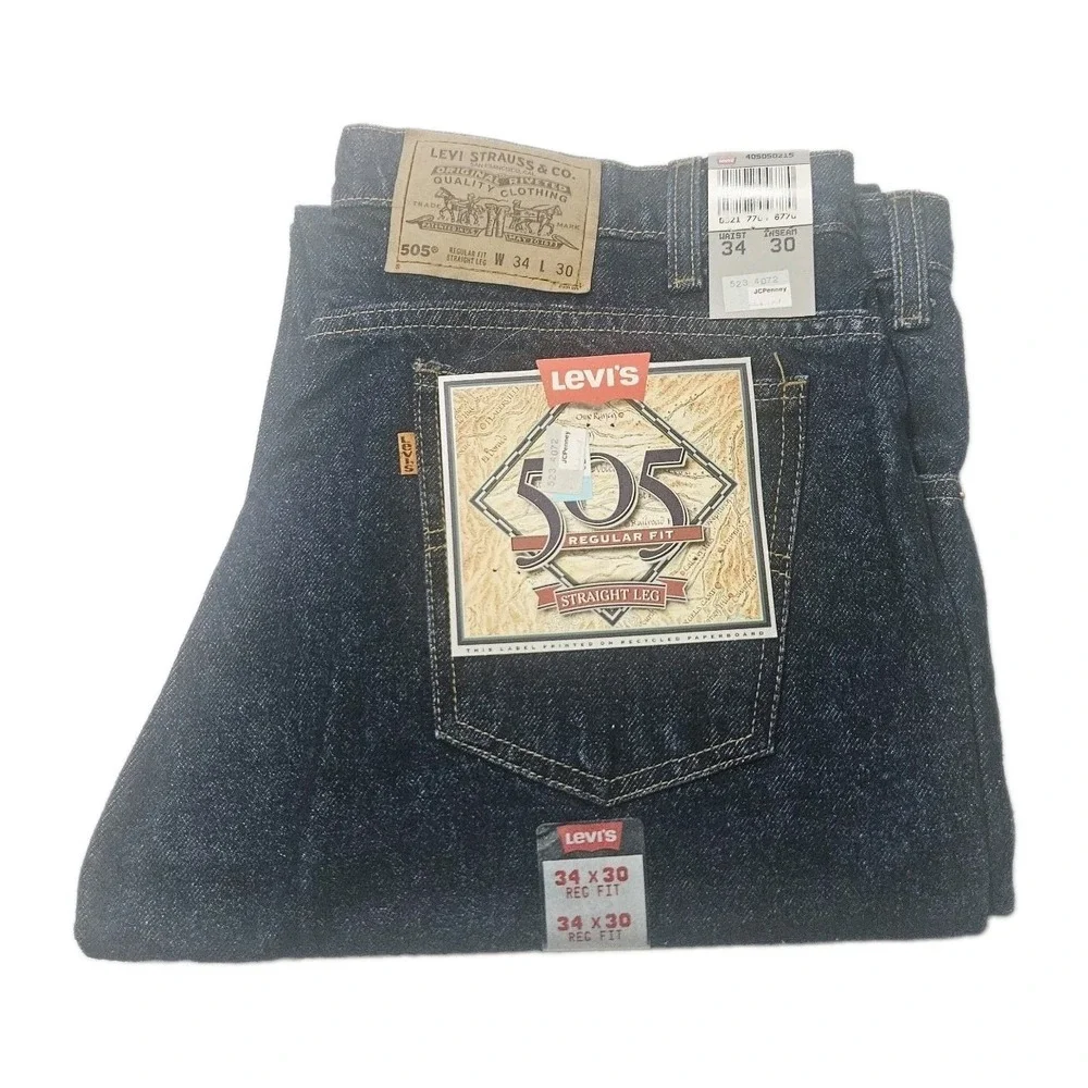 Vintage 1990's Levis 505 Blue Jeans, Regular Fit, Deadstock NWT Size 34x30